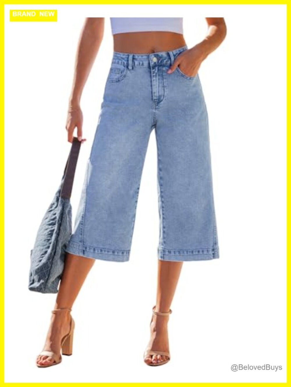 Wide Leg High Waist Stretch Denim Capri Jeans